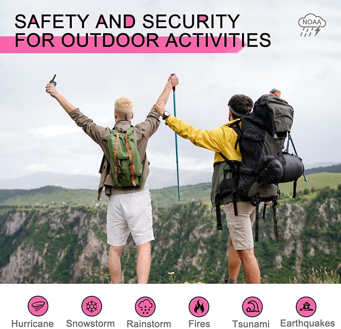 Walkie Talkies Long Range for Adult, MT10 Rechargeable Walkie Talkies FRS Two Way Radio, NOAA, 1200mAh Li-ion Battery USB-C Cable, LED Flashlight,VOX Walkie Talkie for Camping 2Pack (Pink)