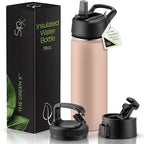 SipX™ Triple-Insulated Stainless Steel Water Bottle 18oz. With 3 Lids, BPA-Free Reusable Insulated Water Bottle Keeps Cold 24 Hours, (Peach)