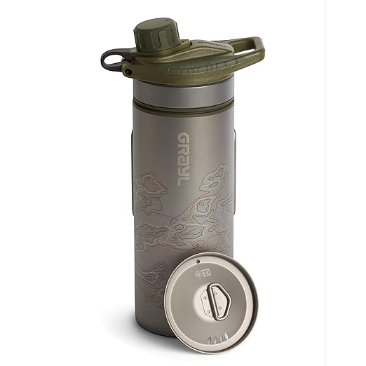 GRAYL GeoPress Titanium 24 oz Water Purifier Bottle with Cooking Lid - Filter for Hiking, Camping, Survival, Travel (Olive Drab)