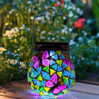 Afirst Mosaic Solar Lanterns - Glass Hanging Lights Butterfly Hollow Out Waterproof Outdoor Decorative for Garden, Patio, Holiday Party Outdoor Decoration, 1 Pack