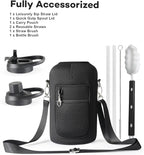 Half Gallon Water Bottle with Straw and Lid, 64 oz Insulated Stainless Steel Jug with Handle,Reusable Metal Travel Flask Mug Cup With Carry Pouch and Brush,Keep Cold & Hot,Black