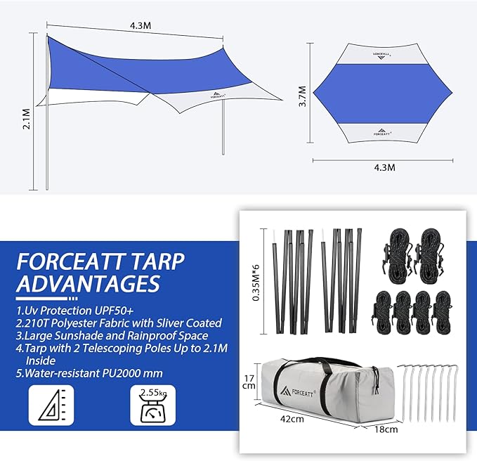 Forceatt 12x14FT Waterproof Anti-UV Camping Tarp with 2 Poles (UPF50+), Lightweight Sun Shelter for Car, Tent, Hammock in Hiking, Backpacking, Garden and Traveling