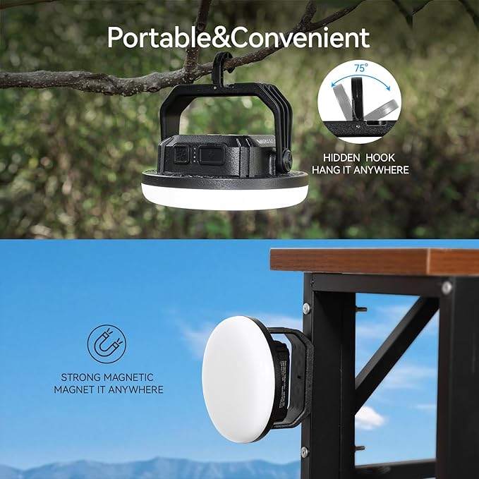 VAVOFO 30W 3000LM LED Camping Lantern Rechargeable, 3 Lighting Modes, 7200mAh Power Bank,IP65 Waterproof Flashlight , Portable Tent Light with Magnetic Base for Emergencies, Power Outages(Black)