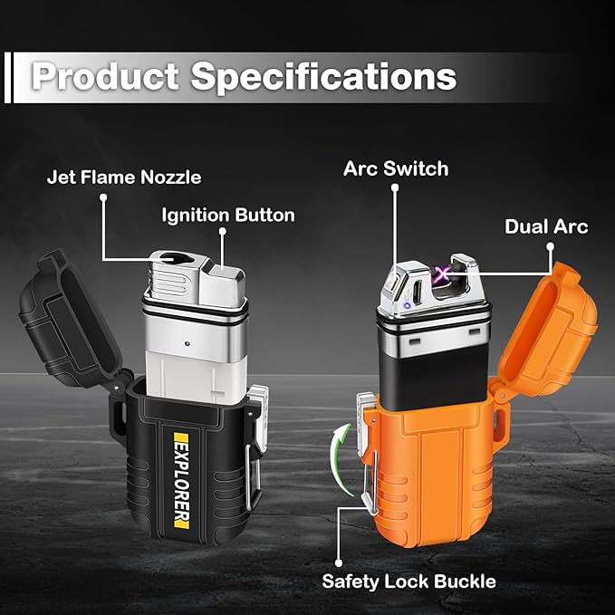 2 Pack Waterproof Lighter Outdoor Windproof Torch Lighters Dual Arc Butane Electric Lighters USB Rechargeable Lighters Flameless Plasma Lighter Camping Hiking Adventure Survival Tactical Gear