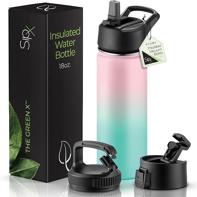 SipX™ Triple-Insulated Stainless Steel Water Bottle 18oz. With 3 Lids, BPA-Free Reusable Insulated Water Bottle Keeps Cold 24 Hours, (Gradiant Mint Pink)