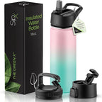 SipX™ Triple-Insulated Stainless Steel Water Bottle 18oz. With 3 Lids, BPA-Free Reusable Insulated Water Bottle Keeps Cold 24 Hours, (Gradiant Mint Pink)