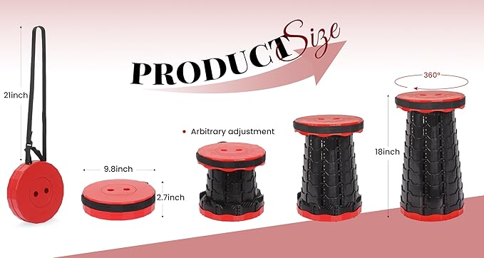 2 Pack Portable Telescoping Stools Collapsible Stool with Cushion,Retractable Foldingstool Max Load Capacity 400lbs, Portable Collapsible Stools for Camping Hiking Outdoor BBQ Black-Red