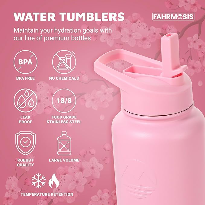 32 Oz Insulated Water Bottle with Strap Stainless Steel Sports Water Bottle with 3 Lids (Straw, Chug & Flip Lid) 1 Liter Leak Proof Insulated Metal Jug for Men & Women - Pink (Solid)