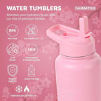 32 Oz Insulated Water Bottle with Strap Stainless Steel Sports Water Bottle with 3 Lids (Straw, Chug & Flip Lid) 1 Liter Leak Proof Insulated Metal Jug for Men & Women - Pink (Solid)