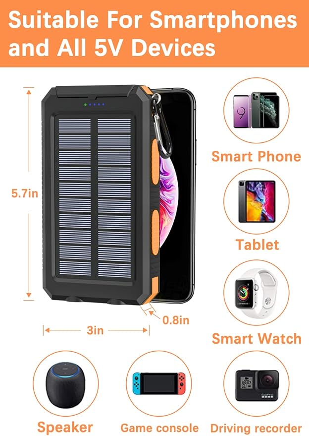 Solar Charger Power Bank - 36800mAh Solar Phone Charger, USB-C QC3.0 Fast Charger with LED Flashlight, IP65 Waterproof Portable Power Bank for Camping, Hiking Outdoor Activities