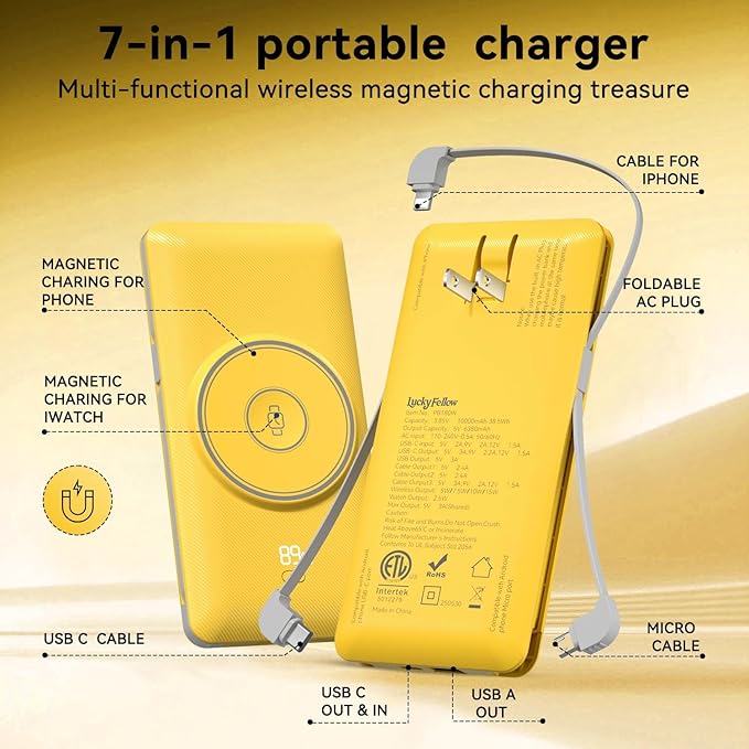 Magnetic 10000mAh Portable Charger for iWatch & iPhone, 22.5W USB C Fast Charging Wireless Power Bank Built-in Cables and Wall Plug, External Travel Battery Pack Compatible with iOS Android Devices