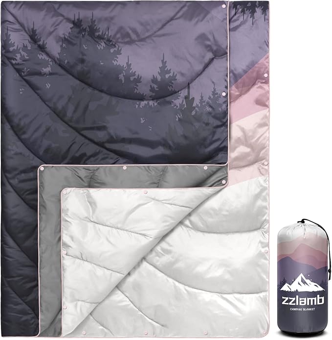 zzlamb Camping Blanket, Outdoor Lightweight Travel Blanket Puffy Portable Down Alternative, Windproof Warm Cloak with Snaps, Cozy Quilt Backpacking Picnic RV Plane Car Hammock Beach Climbing
