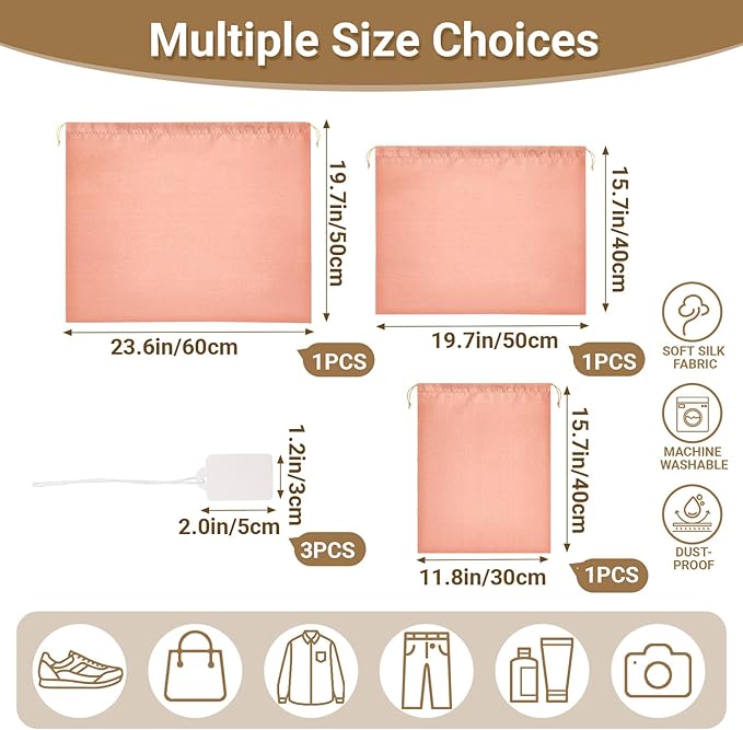 Ewen Small Medium Large Satin Drawstring Bags with Blank Tags, 3pcs Dustproof Packing Bag Travel Essentials Organizer, Pink Orange Dustbags for Handbags Closet Storage Jewelry Shoes Purse Organization
