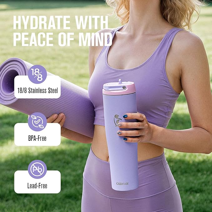Coolflask Water Bottle 40 oz Fits Car Cup Holder, Slim Tumbler Stainless Steel with Straw & Handle, Vacuum Flask Leakproof Wide Mouth for Travel Sports Gym, Lavender