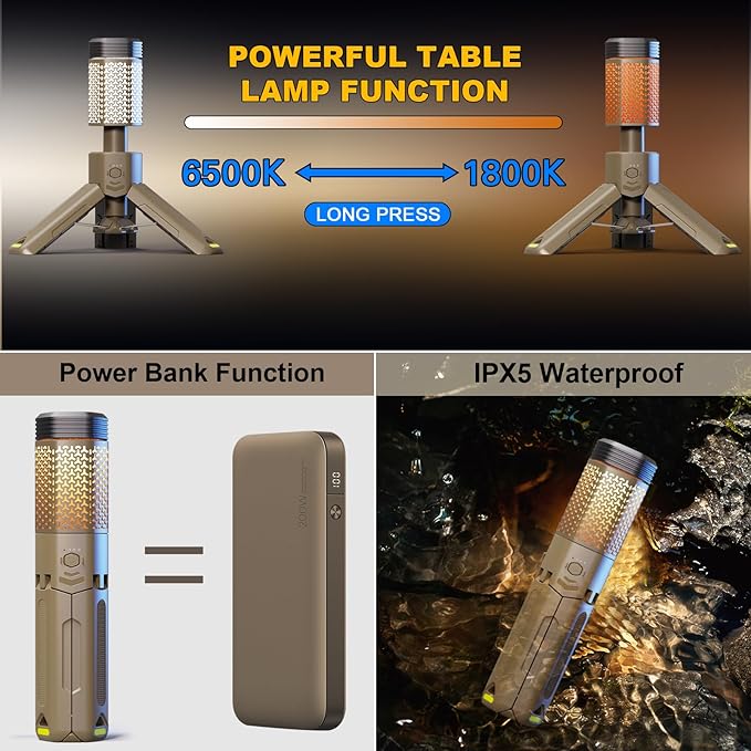 Camping Lantern Rechargeable, Telescoping-Camping-Lights, 10500mAh Capacity Battery Powered, Outdoor-Lantern for Hiking/Adventure/Power Outages, IPX7 Water Resistant(Khaki)