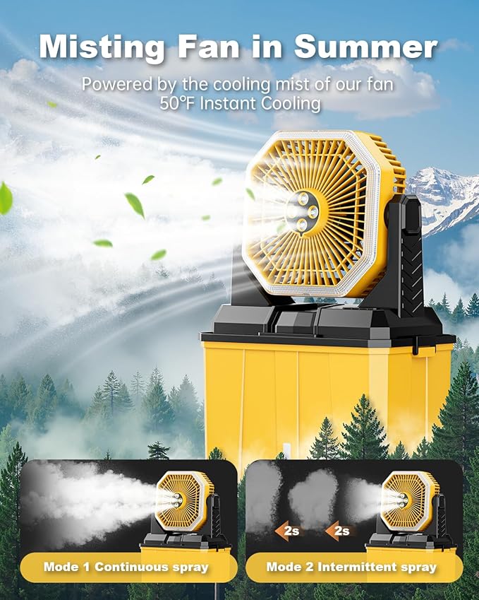Portable Misting Fan, 24000mAh Rechargeable Outdoor Cooler, Battery Operated Personal Fan with3 Speeds & 8L Bucket for Patio, Camping,Hiking, Backyard, Travel, Desk,Pool, Beach, Yellow