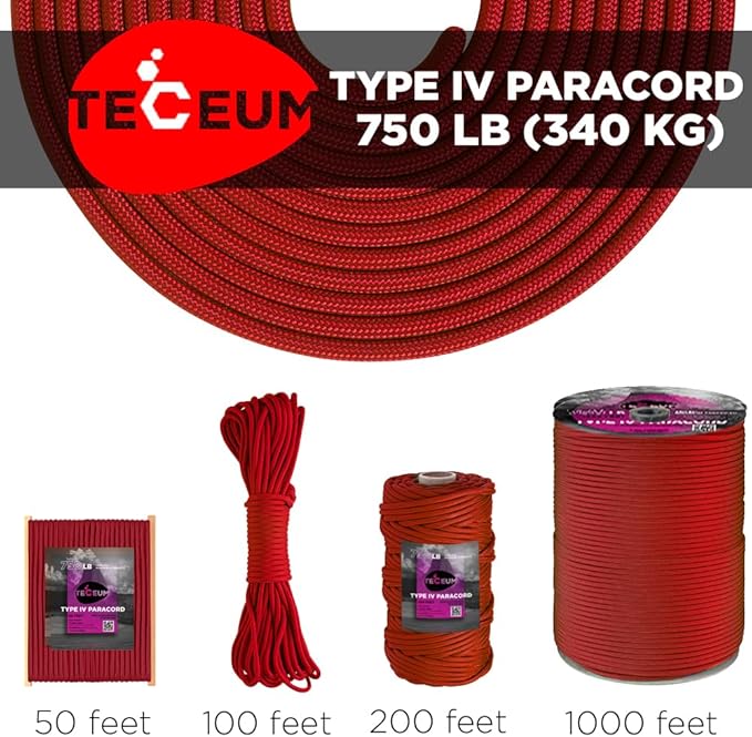 TECEUM 5/32" Paracord Rope 1000 – 1000ft / 200ft / 100ft / 50ft – Tactical Parachute Cord 4mm – 45+ Colors – Nylon String for Survival & Camping Gear – Stripe Cord for Survival – Utility Rope