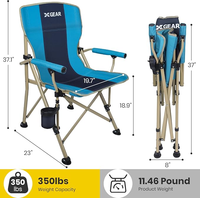 XGEAR Camping Chair with Padded Hard Armrest, Sturdy Folding Camp Chair with Cup Holder, Storage Pockets Carry Bag Included, Support to 400 lbs