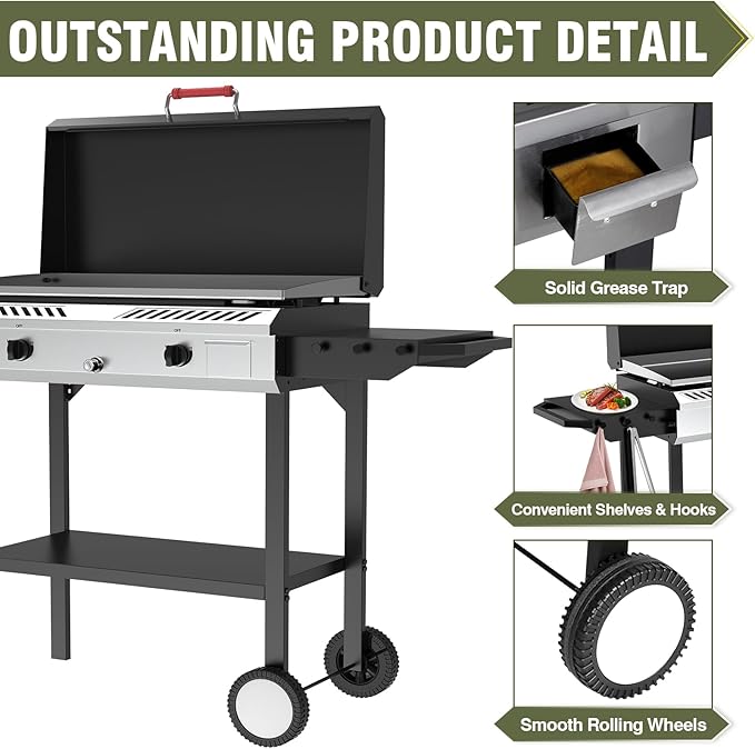 Bestfire 2 Burner Outdoor Propane Gas Stove with Auto Ignition & Regulator, 150,000 BTU High-Pressure Stand Cooker with Flat Top Grill Griddle & Shelf, Portable Cast Iron Burner for Canning & Frying