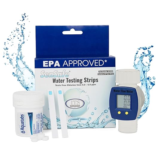 Complete Boat & RV Drinking Water Kit - 100 Aquatabs Water Purification Tablets + 50 Chlorine Test Strips + Water Flow Meter - for Boat & RV Tanks - by Aquamarine Water Solutions