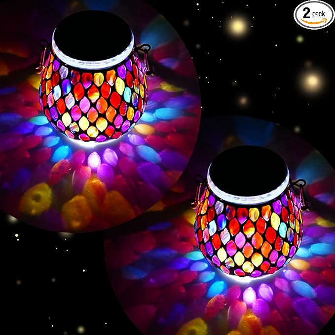 2 Pack Mosaic Red Solar Lanterns, Outdoor Glass Hanging Lights, Waterproof, Solar Table Lamps, Christmas Gifts for Women Mom Grandma, Night Lights, Decoration for Garden, Patio, Yard, Outdoor Decor
