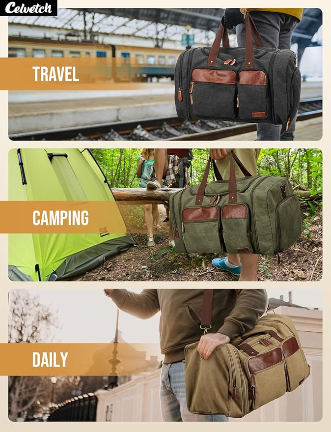 Canvas Duffle Bag for Travel 50L Expandable Travel Duffel Bags for Men Women Overnight Weekend Gym Bag with Shoes Compartment - Grey