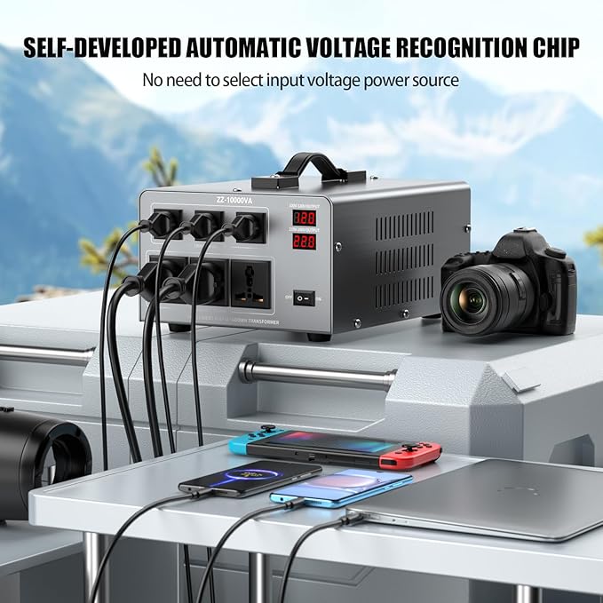 10000W Voltage Converter Transformer Step Up/Down 110V/120V to 220V/240V, Auto Voltage Recognition, Heavy Duty Power Converter with 6 Outlets, LCD Display & Circuit Breaker for Home, International Use