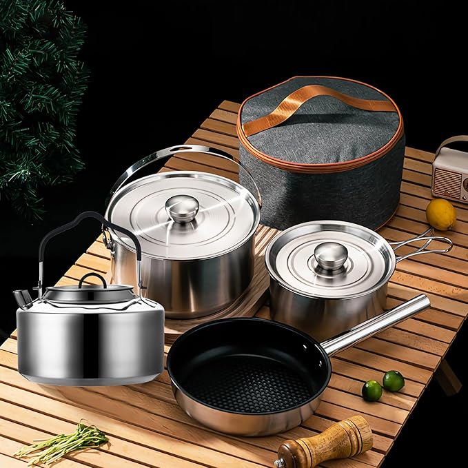 7PCS Camping Cooking Set,Camping Cookware Mess Kit,304 Stainless Steel Camping Cookware with Travel Tote Bag for Camping Outdoor Cooking & Picnic,RVs
