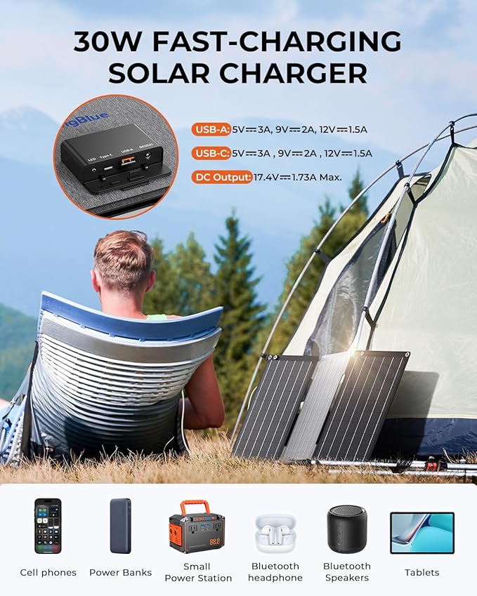 [Upgraded] BigBlue 30W Solar Panel Charger with Fast Charging USB-A and USB-C, DC Ports, SolarPowa 30 Portable Solar Panel, IP68 Waterproof, Compatible with iPhone, Samsung, iPad, Small Power Station