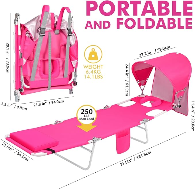 Backpack Beach Tanning Chair with Canopy and Face Hole, 6-Position Folding Lay Out Lounge Chair, UPF 50+ Wind-Resistant Sun Shade, Portable Recliner for Sunbathing, Outside, Poolside, Pink, Patented