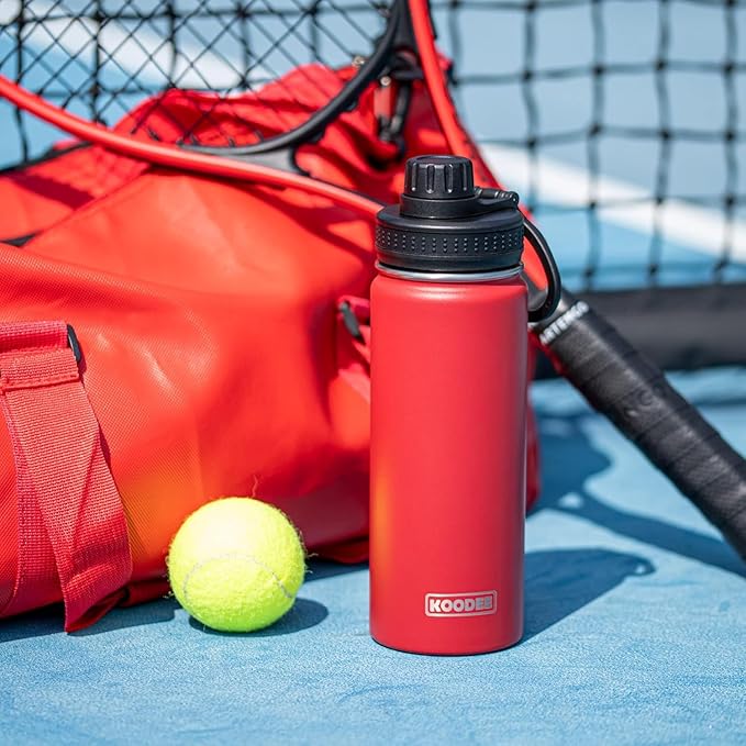 koodee Insulated Water Bottle, 18 oz Stainless Steel Double Wall Vacuum Wide Mouth Sport Bottle with Leakproof Spout Lid (Canyon Red)