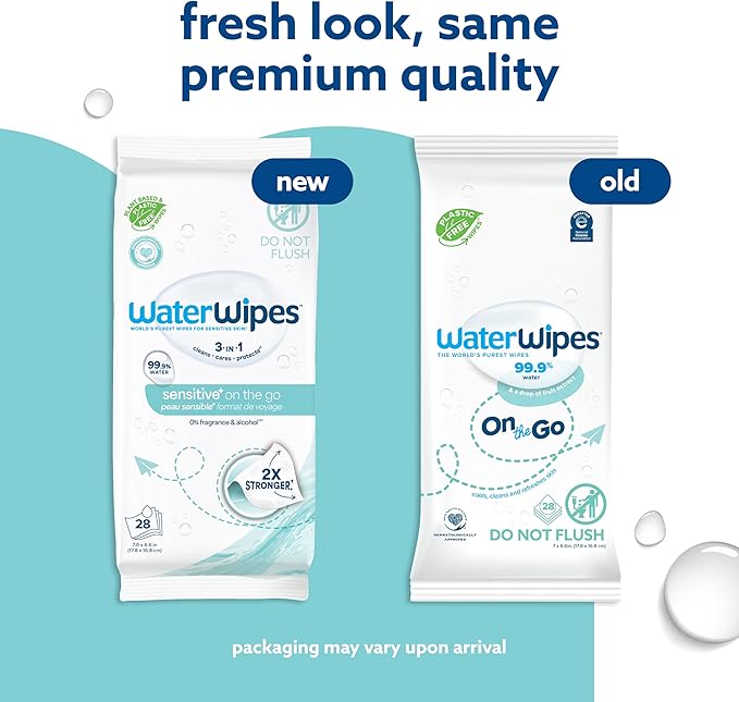 WaterWipes On The Go Wipes, 99.9% Water-Based Wipes for Travel, Sports, and to Refresh Skin, Unscented & Hypoallergenic, 28 Count (2 Pack)