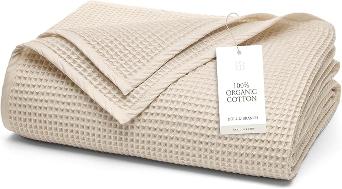 BOLL & BRANCH Waffle Bed Blanket - Full/Queen, Natural - Luxury 100% Organic Cotton - Soft, Lightweight and Breathable - Textured Waffle Weave Design