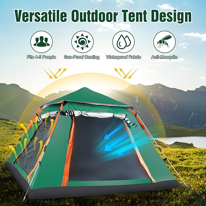 Tents for Camping 4-5 Person with Rainfly, Family Camping Tents Waterproof Windproof with 2 Large Mesh Windows Easy Setup, Outdoor Backpacking Tent for Hiking Climbing Adventure Backyard(Green)