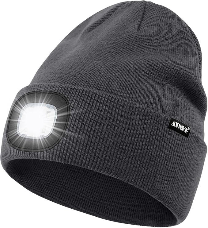 ATNKE LED Lighted Beanie Hat,USB Rechargeable 4 LED Running Headlamp Bright Cap with The Light Gifts for Men and Women
