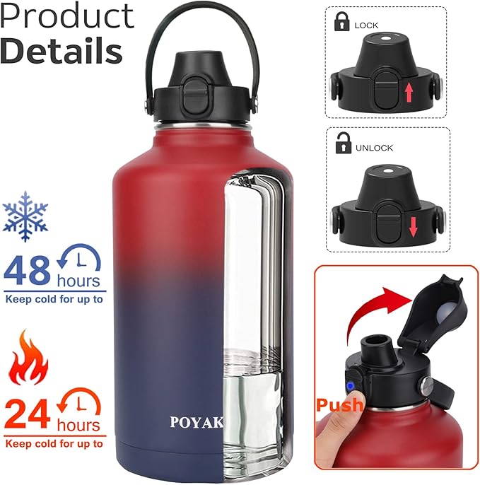 Water Bottle Insulated 32oz 40oz 64oz 128oz Straw Lid Spout Lid & 3 Lids, Leak Proof, Vacuum Insulated,Stainless Steel Water Bottle Wide Mouth for Sports, Gym or Office
