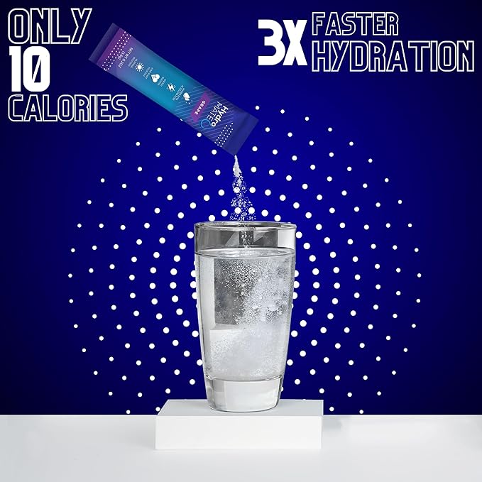 HydroMATE Electrolytes Powder Drink Mix Packets Hydration Accelerator Low Sugar Rapid Party Relief Recovery Vitamin C Plus Caffeine Grape Pack 30 Count