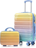Kids Luggage Sets for Girls, 2 Piece Luggage Set, 20 Inch Rotating Wheel Suitcase with 14 Inch Cosmetic Case, Lightweight Hardshell Suitcase with 360° Spinner Wheels for Travel (Blue+Yellow)