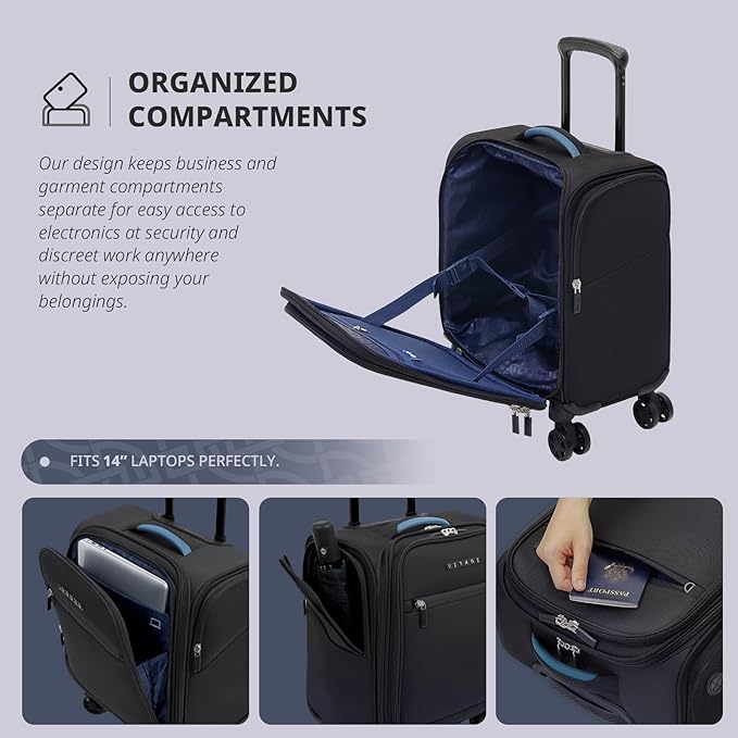 Verage Underseat Carry On Luggage with Wheels & USB Port,14 inch Wheeled Spinner Bag Carry-on Luggages for Airlines, Lightweight Suitcase Men Women, Pilots and Crew (14.5-Inch Plus Underseat Pro)