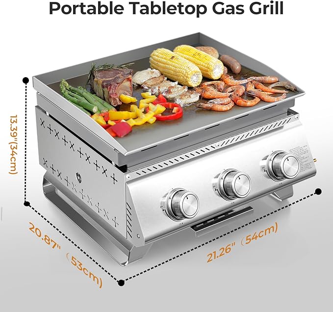 R.W.FLAME 3-Burner Tabletop Propane Gas Grill Stainless Steel Portable Outdoor Griddle,24,000 BTU Compact Flat Top Camping BBQ Grill,347 Sq. In. Cooking Area
