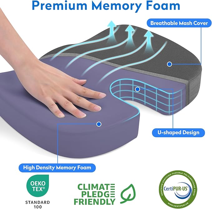 CushZone Seat Cushion, Office Chair Cushions, Car Seat Cushion, Non-Slip Sciatica & Back Coccyx Tailbone Pain Relief Chair Pad, Memory Foam Pillow for Computer Desk, Wheelchair, Driving(Grey)
