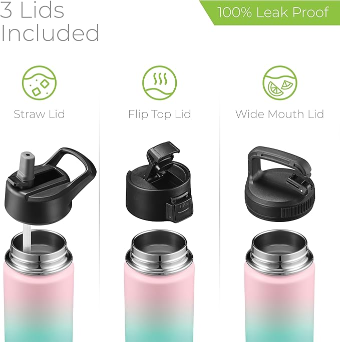 SipX™ Triple-Insulated Stainless Steel Water Bottle 18oz. With 3 Lids, BPA-Free Reusable Insulated Water Bottle Keeps Cold 24 Hours, (Gradiant Mint Pink)