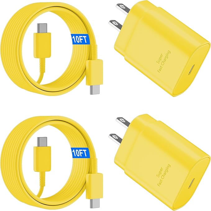 USB C Android Charger Fast Charging Cord, Super Fast Phone Chargers 10FT C to C Type Cable with 25W USBC Wall Block for Samsung Galaxy S26 S25 S24 Ultra Plus/S23/S22/S21/S20/Note 20/10, Yellow
