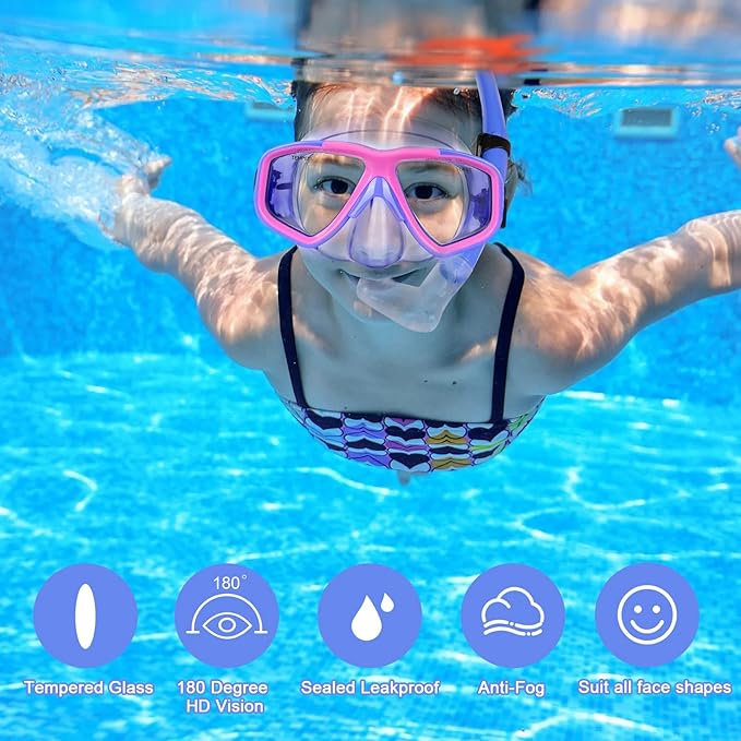 Youth Snorkel Set for Ages 7-16, Snorkeling Gear for Kids with Panoramic View Mask Anti-Fog Anti-Leak Full Dry Top Snorkel Fins Travel Bag for Swimming Diving