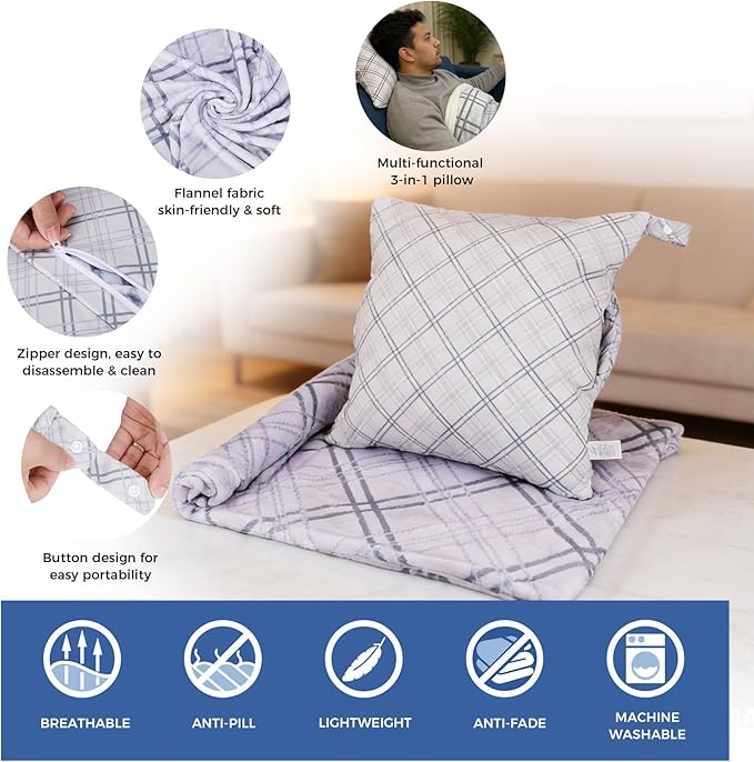 3 in 1 Travel Pillow Blanket Set with Removable Flannel Blanket Throw,Hand Warmer Pockets,Pillow (Color5, 60in*79in)