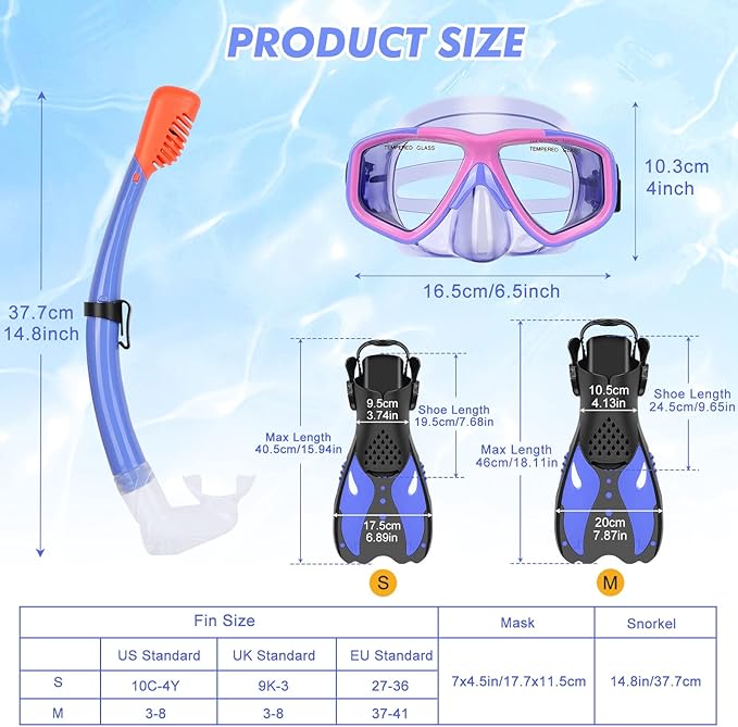 Youth Snorkel Set for Ages 7-16, Snorkeling Gear for Kids with Panoramic View Mask Anti-Fog Anti-Leak Full Dry Top Snorkel Fins Travel Bag for Swimming Diving