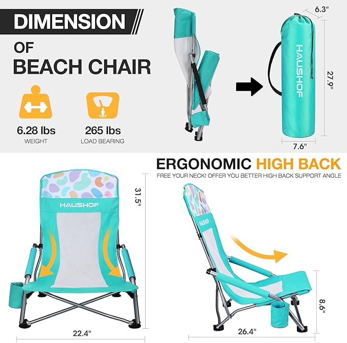 HAUSHOF High Back Beach Chair, Mesh Back Folding Chair, Lightweight Low Seat Camping Chairs with Cup Holder, Carry Bag, Padded Armrest for Outdoor Beach Lawn Camping Picnic Festival