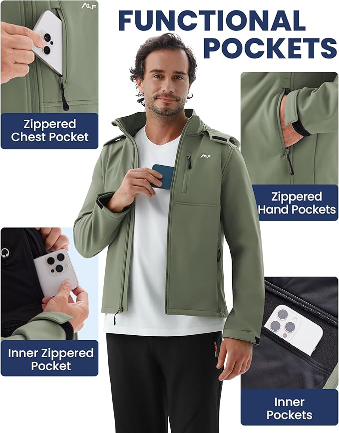 WULFUL Men's Softshell Jacket Waterproof Lightweight Insulated Windbreaker Fleece Lined Rain Shell Jacket for Hiking Travel