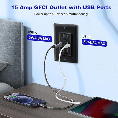 15 Amp Self-Test GFCI Outlet Combination with USB Type A and Type-C, Tamper Resistant Thinner Duplex Outlet, in-Wall, USB Charger for Smartphones, Tablets and Smart Home Appliance, Black
