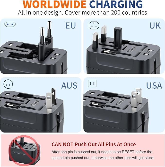 International Universal All in One Worldwide Travel Adapter Fast Charger with PD 3.0 Type C & USB-A Quick Charging Wall Charger AC Power Plug Adapter for USA EU UK AUS European Cell Phone Laptop
